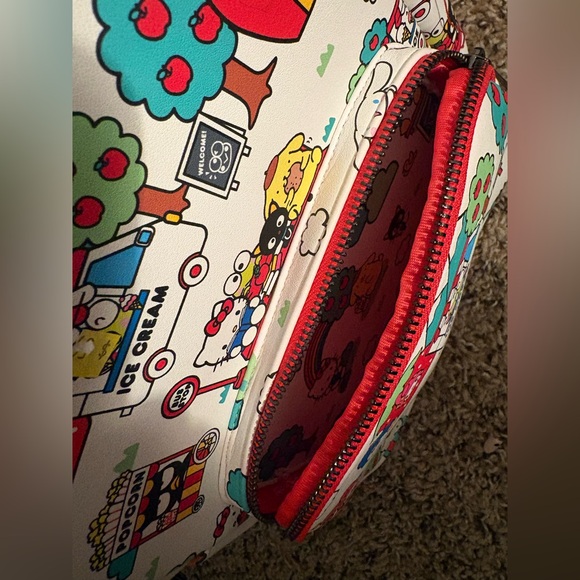 Loungefly Cream Backpack with Colorful Cartoon Print hello kitty and friends